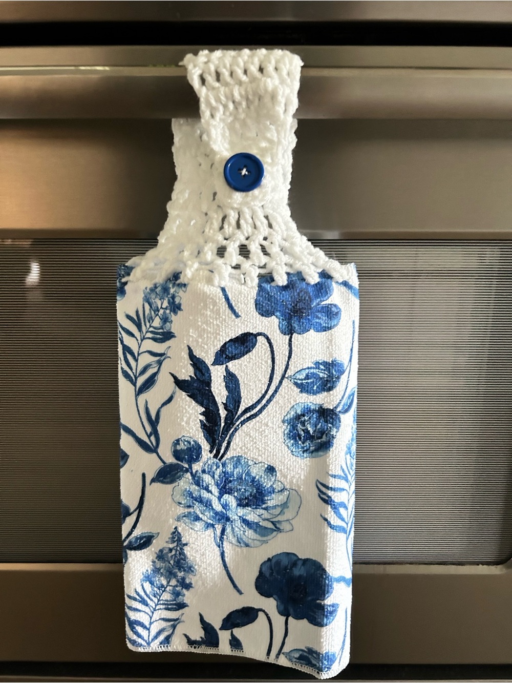 Hand Crafted Blue and White Floral Hanging Kitchen Hand Towel Crochet Top - Picture 3 of 7